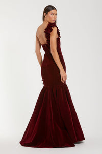 HerTrove-One-Shoulder Velvet Mermaid Gown with Floral AppliquŽs