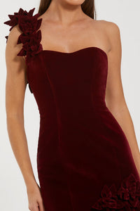 HerTrove-One-Shoulder Velvet Mermaid Gown with Floral AppliquŽs