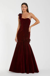 HerTrove-One-Shoulder Velvet Mermaid Gown with Floral AppliquŽs
