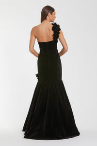 HerTrove-Black One-Shoulder Velvet Mermaid Gown with Floral AppliquŽs