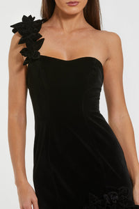 HerTrove-Black One-Shoulder Velvet Mermaid Gown with Floral AppliquŽs