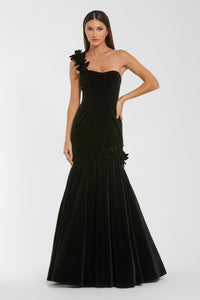 HerTrove-Black One-Shoulder Velvet Mermaid Gown with Floral AppliquŽs