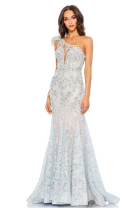 HerTrove-One-Shoulder Lace Mermaid Gown with Feather AppliquŽ