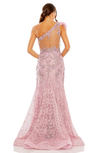 HerTrove-One-Shoulder Embroidered Mermaid Gown with Feather Accent