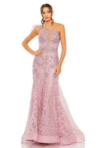 HerTrove-One-Shoulder Embroidered Mermaid Gown with Feather Accent