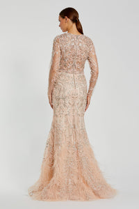 HerTrove-Embroidered Feather-Tiered Gown with Sheer Sleeves