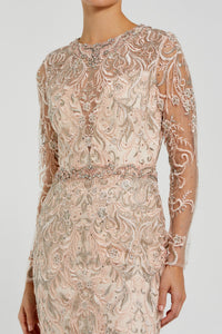HerTrove-Embroidered Feather-Tiered Gown with Sheer Sleeves