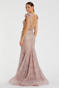 HerTrove-Nude Embroidered Lace Mermaid Gown with Sheer V-Neckline