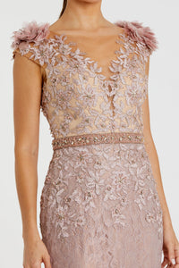 HerTrove-Nude Embroidered Lace Mermaid Gown with Sheer V-Neckline