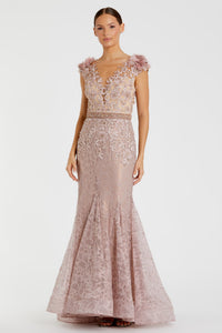HerTrove-Nude Embroidered Lace Mermaid Gown with Sheer V-Neckline