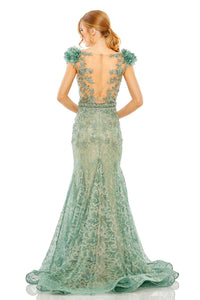 HerTrove-Sage Embroidered Lace Mermaid Gown with Sheer V-Neckline