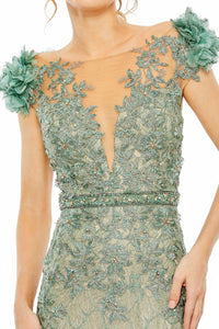 HerTrove-Sage Embroidered Lace Mermaid Gown with Sheer V-Neckline