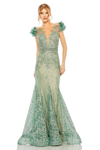 HerTrove-Sage Embroidered Lace Mermaid Gown with Sheer V-Neckline