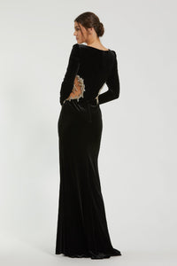 HerTrove-Long-Sleeve Black Gown with Gold Embroidered Waist