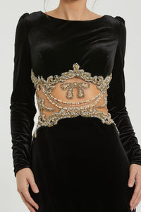 HerTrove-Long-Sleeve Black Gown with Gold Embroidered Waist