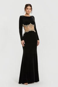 HerTrove-Long-Sleeve Black Gown with Gold Embroidered Waist
