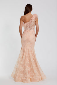 HerTrove-One-Shoulder Lace Mermaid Gown with Feather Accent
