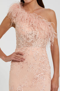 HerTrove-One-Shoulder Lace Mermaid Gown with Feather Accent
