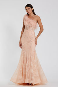 HerTrove-One-Shoulder Lace Mermaid Gown with Feather Accent