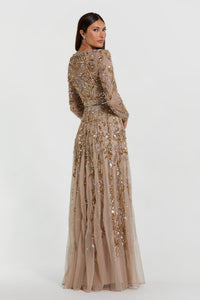 HerTrove-Long-Sleeve Embellished Gown with High Neckline