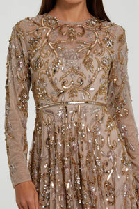 HerTrove-Long-Sleeve Embellished Gown with High Neckline