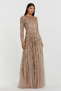 HerTrove-Long-Sleeve Embellished Gown with High Neckline