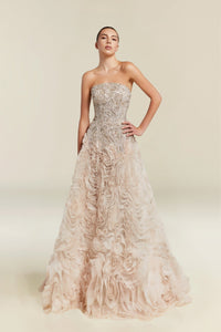 HerTrove-Strapless embellished gown with voluminous floral-textured skirt