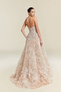 HerTrove-Strapless embellished gown with voluminous floral-textured skirt