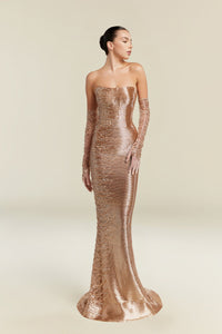 HerTrove-Strapless metallic gown with long fitted sleeves and sculpted mermaid silhouette