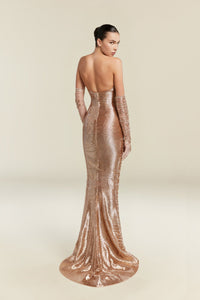 HerTrove-Strapless metallic gown with long fitted sleeves and sculpted mermaid silhouette