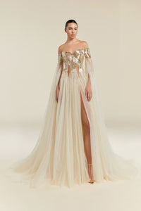 HerTrove-Off-Shoulder Sequin-Embellished Gown with Sheer Draped Sleeves and Layered High-Slit Skirt