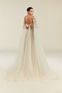HerTrove-Off-Shoulder Sequin-Embellished Gown with Sheer Draped Sleeves and Layered High-Slit Skirt
