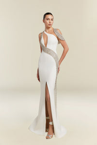HerTrove-Silver-Embellished Gown with One-Shoulder Cutouts and High-Slit Skirt