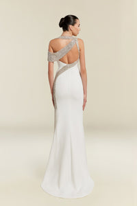 HerTrove-Silver-Embellished Gown with One-Shoulder Cutouts and High-Slit Skirt