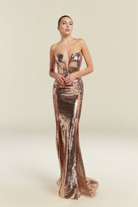 HerTrove-Strapless Sequined Gown with Plunging Neckline and Sculpted Fitted Silhouette