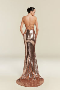 HerTrove-Strapless Sequined Gown with Plunging Neckline and Sculpted Fitted Silhouette