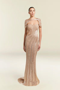 HerTrove-Sweetheart-Strapped Metallic Gown with Cape Detail and Elongated Silhouette