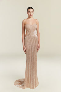 HerTrove-Sweetheart-Strapped Metallic Gown with Cape Detail and Elongated Silhouette