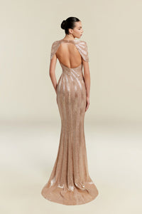 HerTrove-Sweetheart-Strapped Metallic Gown with Cape Detail and Elongated Silhouette