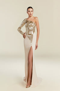 HerTrove-Gold-Sequined Asymmetrical Evening Gown with Cream Slit Skirt