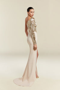 HerTrove-Gold-Sequined Asymmetrical Evening Gown with Cream Slit Skirt