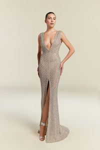 HerTrove-Sleeveless Deep-V Embellished Gown with Front Slit and Sculpted Silhouette