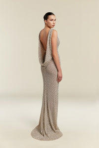 HerTrove-Sleeveless Deep-V Embellished Gown with Front Slit and Sculpted Silhouette