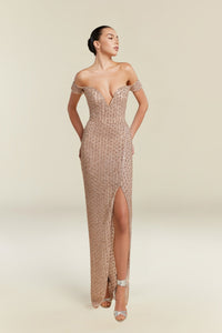 HerTrove-Off-Shoulder Textured Gown with Deep V-Neckline and High-Slit Draped Skirt
