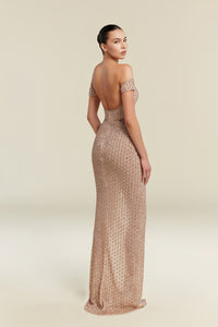 HerTrove-Off-Shoulder Textured Gown with Deep V-Neckline and High-Slit Draped Skirt