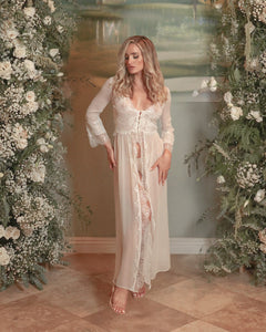 Long Silk Peignoir with Lace Details