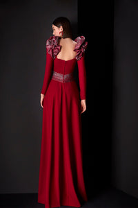 HerTrove-Decorated shoulders A line crepe dress