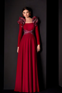 HerTrove-Decorated shoulders A line crepe dress