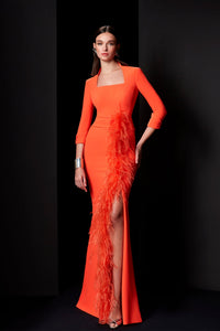 HerTrove-Square neckline crepe dress with feathers
