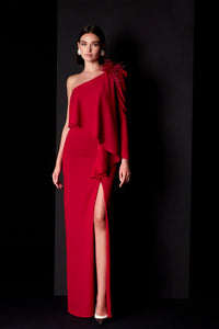 HerTrove-Asymmetrical neckline one sleeve crepe dress